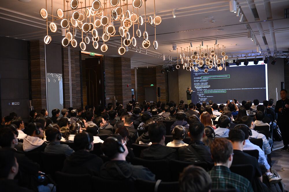 The full hall during a talk, seen from the back rows